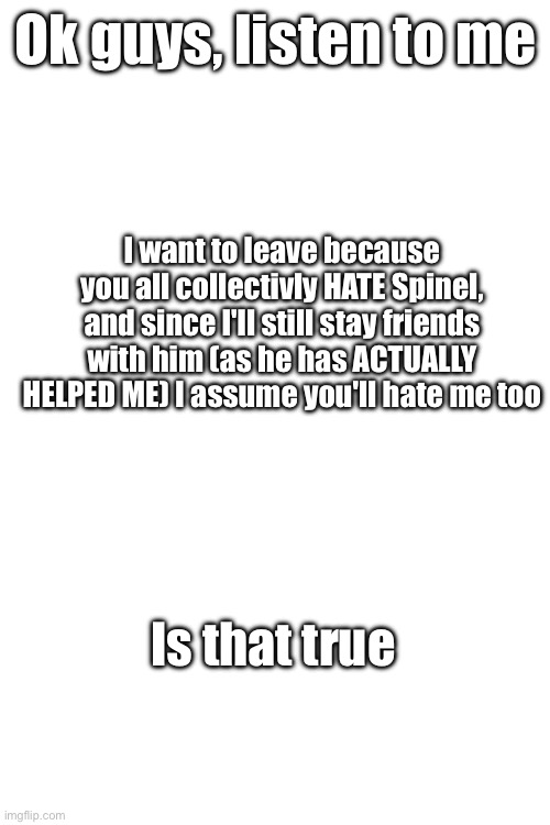 Can I just have my freedom | Ok guys, listen to me; I want to leave because you all collectivly HATE Spinel, and since I'll still stay friends with him (as he has ACTUALLY HELPED ME) I assume you'll hate me too; Is that true | made w/ Imgflip meme maker