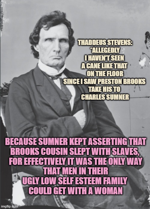 Thaddeus Stevens | THADDEUS STEVENS:
*ALLEGEDLY
I HAVEN'T SEEN 
A CANE LIKE THAT 
ON THE FLOOR
SINCE I SAW PRESTON BROOKS 
TAKE HIS TO 
CHARLES SUMNER BECAUSE  | image tagged in thaddeus stevens | made w/ Imgflip meme maker