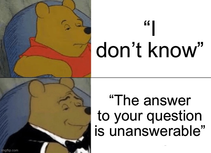 Tuxedo Winnie The Pooh Meme | “I don’t know”; “The answer to your question is unanswerable” | image tagged in memes,tuxedo winnie the pooh | made w/ Imgflip meme maker