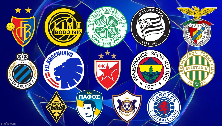 Qualified Champions League play-off teams 2025/2026 edition | alongside Basel, Bodø/Glimt, Celtic and Sturm Graz | image tagged in champions league,celtic,qualifying,sports,football,rangers | made w/ Imgflip meme maker