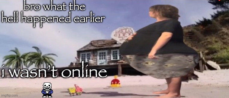 did someone get banned | bro what the hell happened earlier; i wasn’t online | image tagged in wide load,tiny sans of topic | made w/ Imgflip meme maker