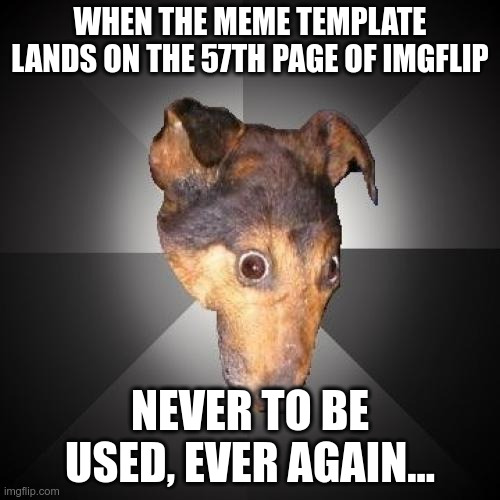 Seriously, tho. | WHEN THE MEME TEMPLATE LANDS ON THE 57TH PAGE OF IMGFLIP; NEVER TO BE USED, EVER AGAIN... | image tagged in memes,depression dog | made w/ Imgflip meme maker