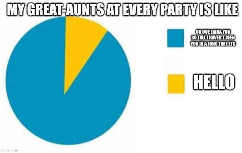 pie chart yes but in yellow | MY GREAT-AUNTS AT EVERY PARTY IS LIKE; OH QUE LINDA YOU SO TALL I HAVEN'T SEEN YOU IN A LONG TIME ETC; HELLO | image tagged in pie chart yes but in yellow | made w/ Imgflip meme maker