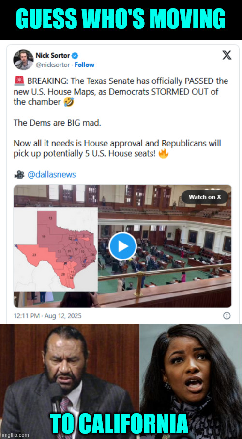Guess who's moving | GUESS WHO'S MOVING; TO CALIFORNIA | image tagged in texas,ending democrat gerrymandering | made w/ Imgflip meme maker