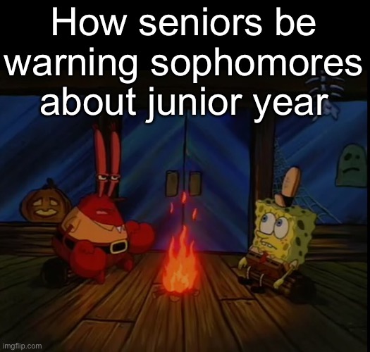 . | How seniors be warning sophomores about junior year | image tagged in mr krabs campfire | made w/ Imgflip meme maker