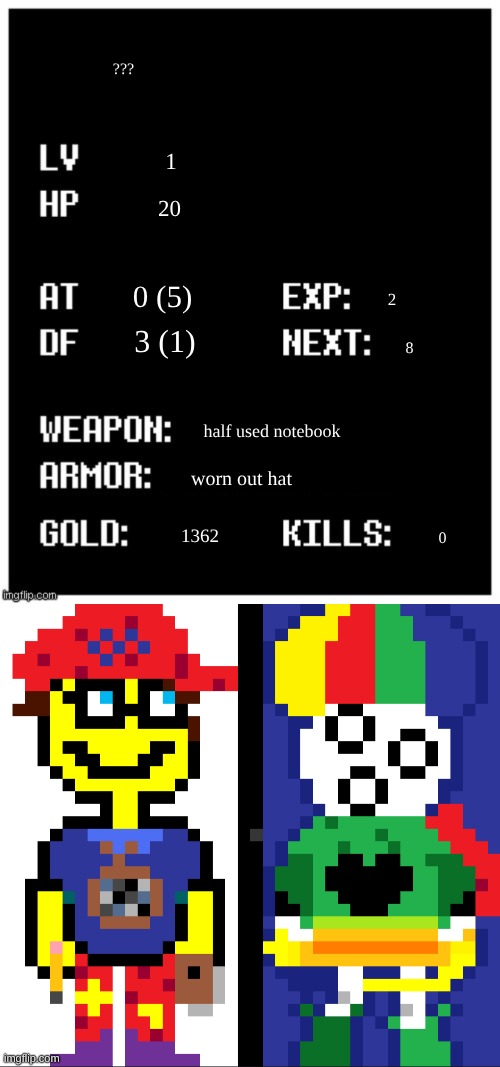 new oc | ??? 1; 20; 0 (5); 2; 3 (1); 8; half used notebook; worn out hat; 1362; 0 | image tagged in undertale player stats,what should i name hime | made w/ Imgflip meme maker