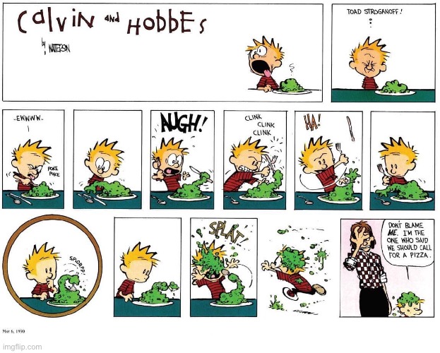 It can’t be that bad… | image tagged in calvin and hobbes,comics,dinner,food fight,moms cooking sucks | made w/ Imgflip meme maker