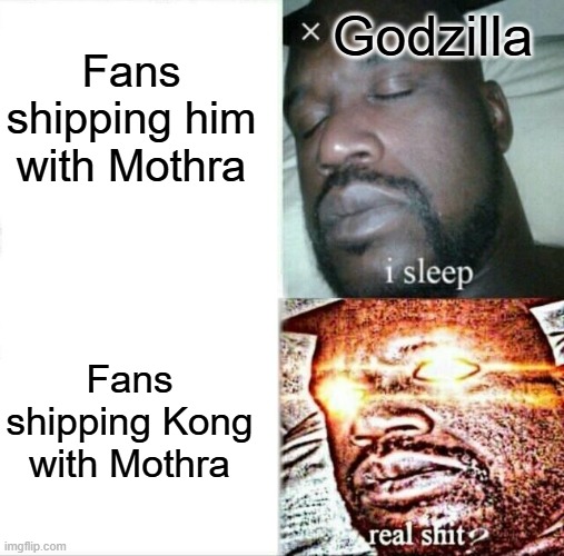 Sleeping Shaq | Godzilla; Fans shipping him with Mothra; Fans shipping Kong with Mothra | image tagged in memes,sleeping shaq,godzilla,mothra,kong,shipping | made w/ Imgflip meme maker