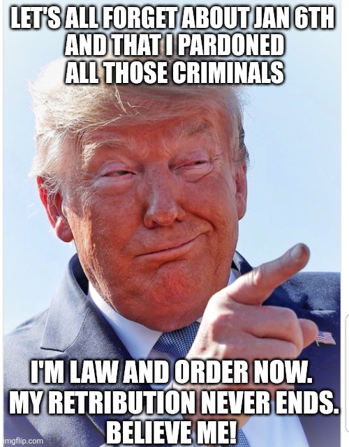 Trump pointing | LET'S ALL FORGET ABOUT JAN 6TH 
AND THAT I PARDONED
 ALL THOSE CRIMINALS I'M LAW AND ORDER NOW.
 MY RETRIBUTION NEVER ENDS.
BELIEVE ME! | image tagged in trump pointing | made w/ Imgflip meme maker