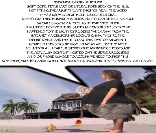 wide load | NSFW MEANS PORN, WHETHER SOFT CORE, FETISH ART, OR LITERAL PORN SEEN ON THE HUB, NOT F**KING SWEARS. IF THE AI THINKS “OH YEAH THE WORD ‘F**K’ IS NSFW EVEN WITHOUT USING ITS LITERAL DEFINITION” THEN HUMANITY IS DOOMED. IF IT CAN DETECT A SINGLE SWEAR USING ONLY A PIXEL AS ITS EVIDENCE, THEN HUMANITY IS DOOMED. THIS IS LITERAL CENSORSHIP. LOOK WHAT HAPPENED TO THE UK. THEY’RE BEING TAKEN AWAY FROM THE INTERNET VIA CENSORSHIP. LOOK AT CHINA. THEY’RE THE DEFINITION OF, AND I HATE TO SAY THIS, DYSTOPIAN WHEN IT COMES TO CENSORSHIP. IMGFLIP MAY AS WELL BE THE NEXT 4CHAN FOR ALL I CARE, JUST WITHOUT ANONYMOUS POSTS AND THE ACTUAL 18+ CONTENT HOSTED ON THE SERVER REQUIRING AN ID OR PHONE NUMBER TO ACCESS. WE NEED TO STOP THIS SOMEHOW, AND I BET ANDREW WILL NOT BUDGE ON JACK SHIT. IT’S PROBABLY A LOST CAUSE. | image tagged in wide load | made w/ Imgflip meme maker