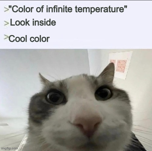 Color of infinite temperature | "Color of infinite temperature"; Look inside; Cool color | image tagged in cat looks inside,heat,science,color | made w/ Imgflip meme maker