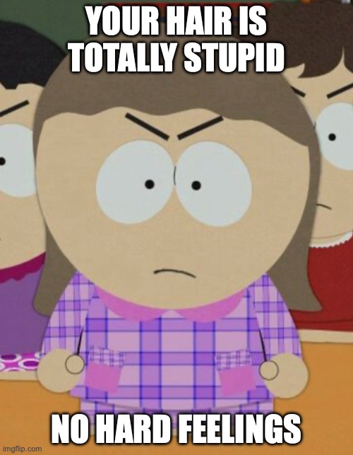 Angi Heidi | YOUR HAIR IS TOTALLY STUPID; NO HARD FEELINGS | image tagged in angi heidi | made w/ Imgflip meme maker