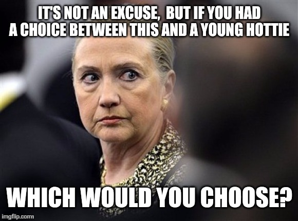 upset hillary | IT'S NOT AN EXCUSE,  BUT IF YOU HAD A CHOICE BETWEEN THIS AND A YOUNG HOTTIE WHICH WOULD YOU CHOOSE? | image tagged in upset hillary | made w/ Imgflip meme maker