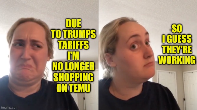 Good Bad | SO I GUESS THEY'RE WORKING; DUE TO TRUMPS TARIFFS I'M NO LONGER SHOPPING ON TEMU | image tagged in good bad | made w/ Imgflip meme maker