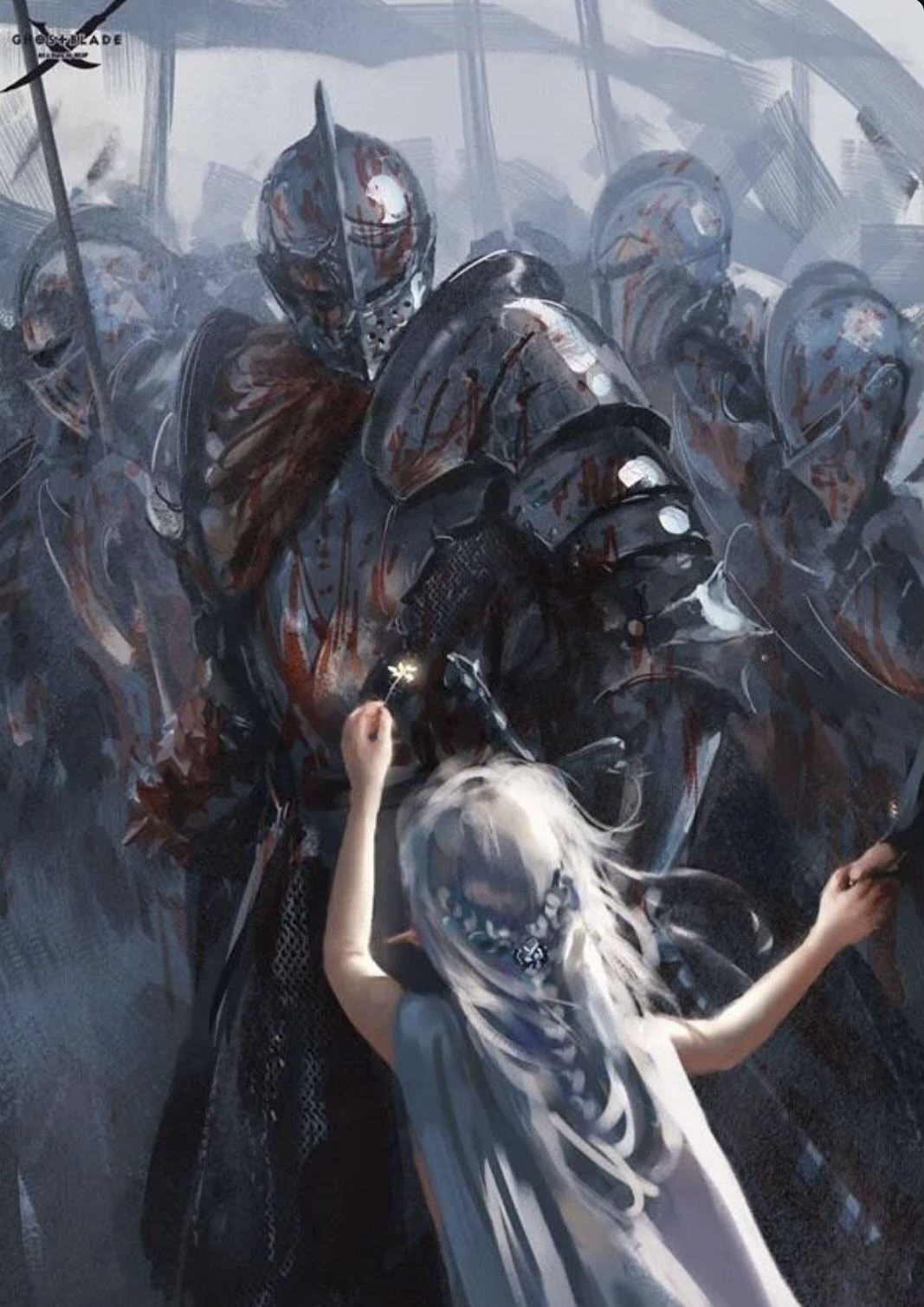 Little girl offer flower to knight Blank Meme Template