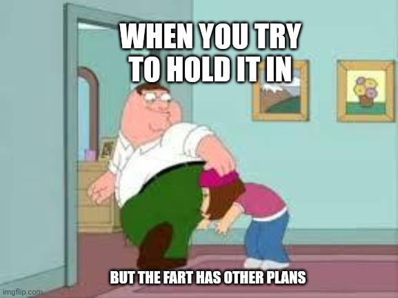 Why farts are emotional | WHEN YOU TRY TO HOLD IT IN; BUT THE FART HAS OTHER PLANS | image tagged in peter farting on meg | made w/ Imgflip meme maker