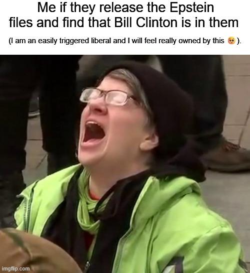 I'm a worthless liberal, and nothing would trigger me more than the bad orange man releasing those full unedited files. | Me if they release the Epstein files and find that Bill Clinton is in them; (I am an easily triggered liberal and I will feel really owned by this 🥺). | image tagged in crying liberal,jeffrey epstein,bill clinton,donald trump,triggered | made w/ Imgflip meme maker