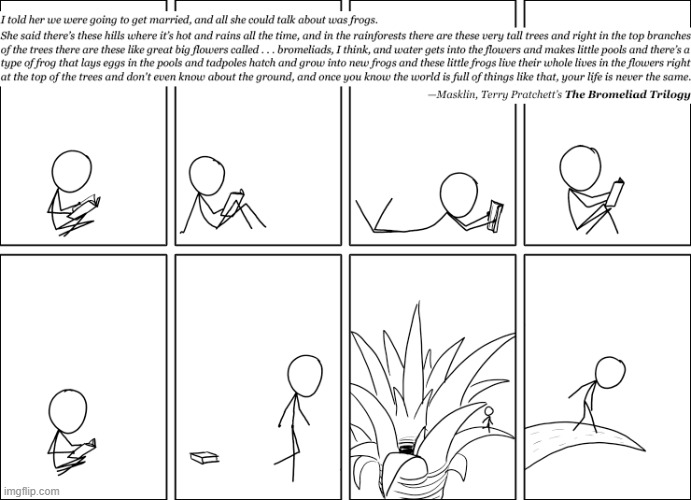 "Thank you for teaching us how big our world is by sharing so many of your own." | image tagged in book,frogs,plant,small,terry pratchett,the bromeliad trilogy | made w/ Imgflip meme maker