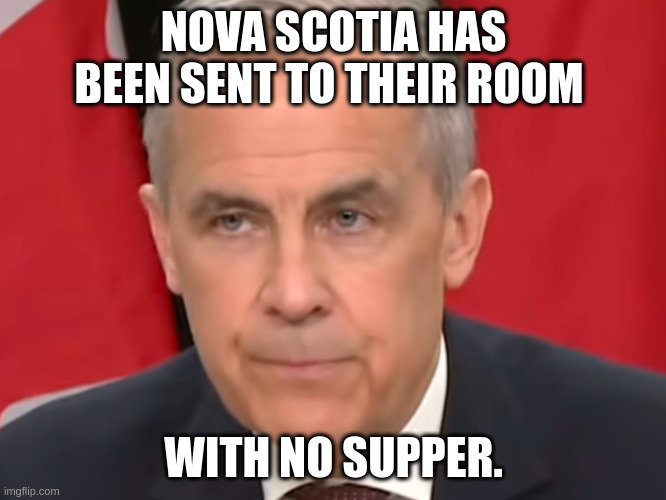 NWO | NOVA SCOTIA HAS BEEN SENT TO THEIR ROOM; WITH NO SUPPER. | image tagged in mark carney eye rolk | made w/ Imgflip meme maker