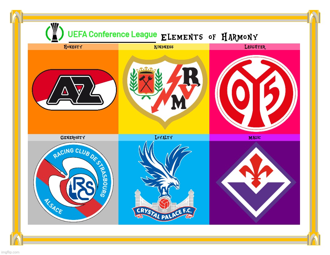 My Little Pony Elements of Harmony - UECL Edition | UEFA Conference League | image tagged in my little pony elements of harmony template,conference league,rayo vallecano,crystal palace,mainz,fiorentina | made w/ Imgflip meme maker