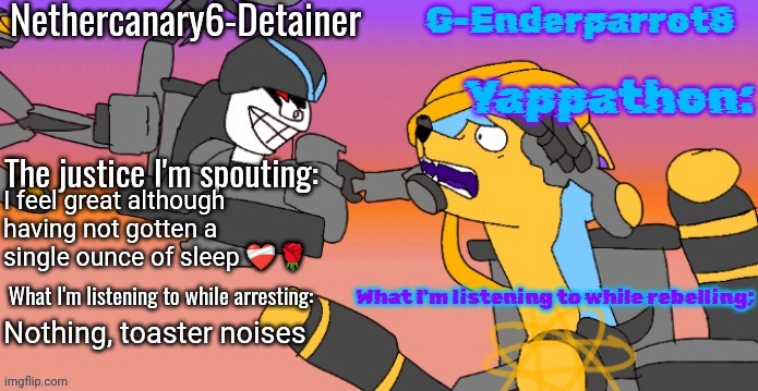 Nethercanary and Enderparrot announcement | I feel great although having not gotten a single ounce of sleep ❤️‍🩹🌹; Nothing, toaster noises | image tagged in nethercanary and enderparrot announcement | made w/ Imgflip meme maker