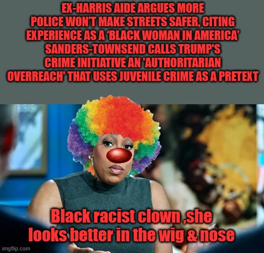EX-HARRIS AIDE ARGUES MORE POLICE WON’T MAKE STREETS SAFER, CITING EXPERIENCE AS A ‘BLACK WOMAN IN AMERICA’
SANDERS-TOWNSEND CALLS TRUMP'S CRIME INITIATIVE AN 'AUTHORITARIAN OVERREACH' THAT USES JUVENILE CRIME AS A PRETEXT; Black racist clown ,she looks better in the wig & nose | made w/ Imgflip meme maker