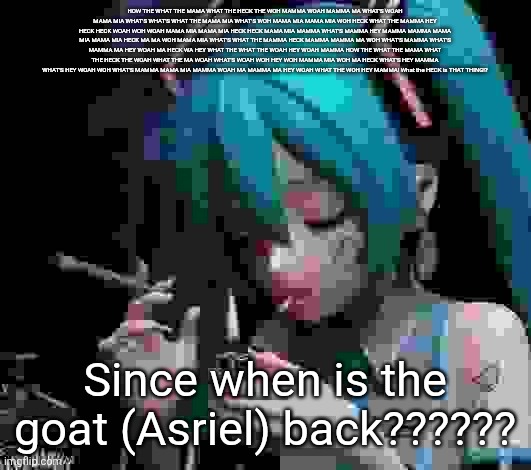 Miku smoking low quality | HOW THE WHAT THE MAMA WHAT THE HECK THE WOH MAMMA WOAH MAMMA MA WHAT'S WOAH MAMA MIA WHAT'S WHAT'S WHAT THE MAMA MIA WHAT'S WOH MAMA MIA MAMA MIA WOH HECK WHAT THE MAMMA HEY HECK HECK WOAH WOH WOAH MAMA MIA MAMA MIA HECK HECK MAMA MIA MAMMA WHAT'S MAMMA HEY MAMMA MAMMA MAMA MIA MAMA MIA HECK MA MA WOH MAMA MIA WHAT'S WHAT THE MAMMA HECK MAMMA MAMMA MA WOH WHAT'S MAMMA WHAT'S MAMMA MA HEY WOAH MA HECK WA HEY WHAT THE WHAT THE WOAH HEY WOAH MAMMA HOW THE WHAT THE MAMA WHAT THE HECK THE WOAH WHAT THE MA WOAH WHAT'S WOAH WOH HEY WOH MAMMA MIA WOH MA HECK WHAT'S HEY MAMMA WHAT'S HEY WOAH WOH WHAT'S MAMMA MAMA MIA MAMMA WOAH MA MAMMA MA HEY WOAH WHAT THE WOH HEY MAMMA! What the HECK is THAT THING!? Since when is the goat (Asriel) back?????? | image tagged in miku smoking low quality | made w/ Imgflip meme maker