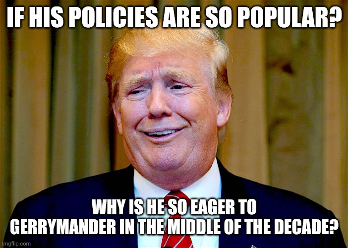 Gerrymandering | IF HIS POLICIES ARE SO POPULAR? WHY IS HE SO EAGER TO GERRYMANDER IN THE MIDDLE OF THE DECADE? | image tagged in donald trump,trump,maga,conservatives,nevertrump,republican | made w/ Imgflip meme maker