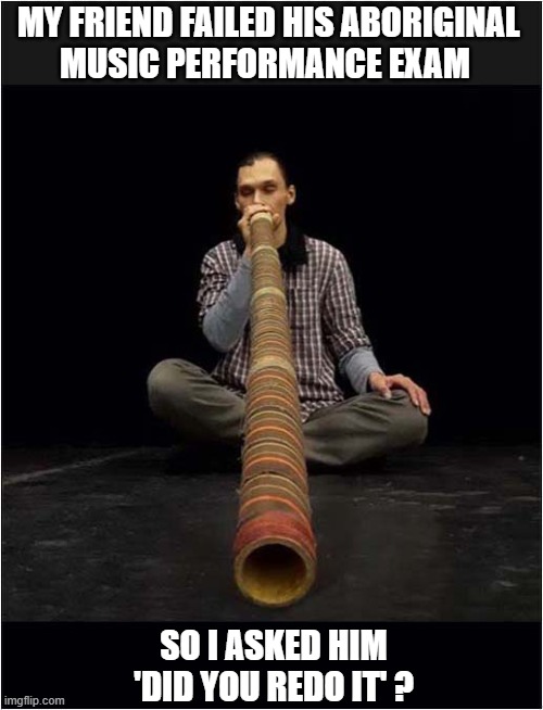Weird Droning Noises ! | MY FRIEND FAILED HIS ABORIGINAL
MUSIC PERFORMANCE EXAM; SO I ASKED HIM 'DID YOU REDO IT' ? | image tagged in didgeridoo,exam,bad pun | made w/ Imgflip meme maker