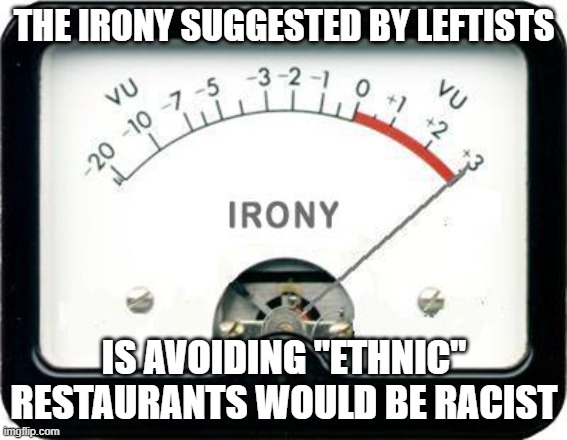 Irony Meter | THE IRONY SUGGESTED BY LEFTISTS IS AVOIDING "ETHNIC" RESTAURANTS WOULD BE RACIST | image tagged in irony meter | made w/ Imgflip meme maker