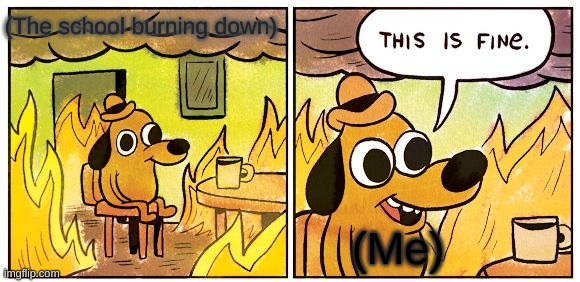 This Is Fine | (The school burning down); (Me) | image tagged in memes,this is fine | made w/ Imgflip meme maker