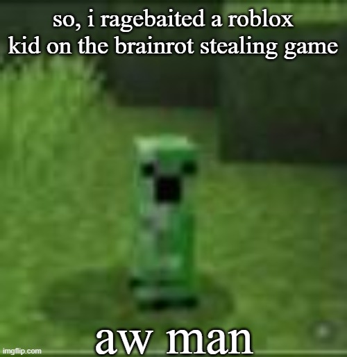 cripir | so, i ragebaited a roblox kid on the brainrot stealing game; aw man | image tagged in cripir | made w/ Imgflip meme maker
