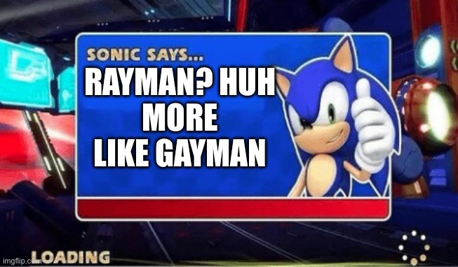 Sonic Says | RAYMAN? HUH
MORE LIKE GAYMAN | image tagged in sonic says | made w/ Imgflip meme maker