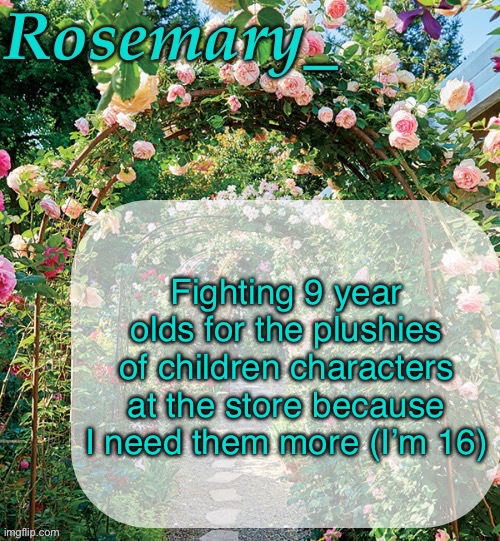 Rosemary_ template | Fighting 9 year olds for the plushies of children characters at the store because I need them more (I’m 16) | image tagged in rosemary_ template | made w/ Imgflip meme maker