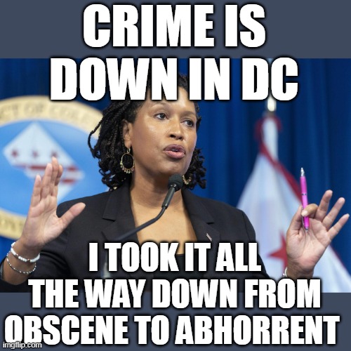 Hanging your hat on 187 Murders ? | CRIME IS DOWN IN DC; I TOOK IT ALL THE WAY DOWN FROM OBSCENE TO ABHORRENT | image tagged in dc mayor crime is down meme | made w/ Imgflip meme maker
