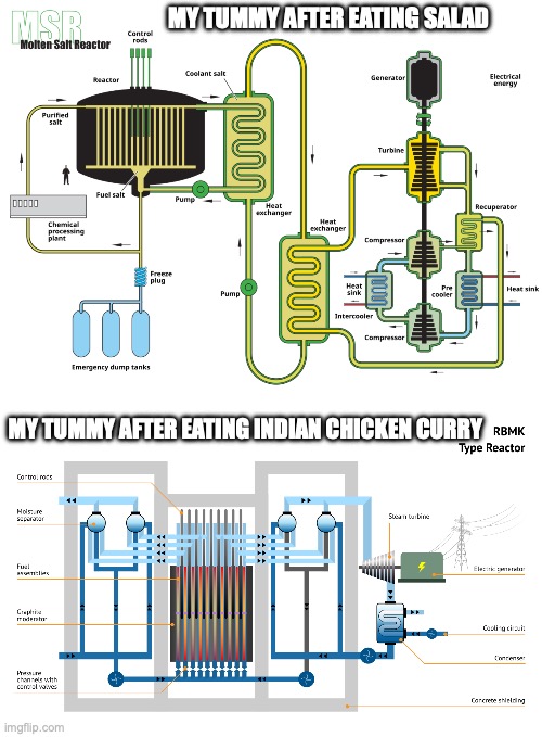 Indigestion explained nuclear style | MY TUMMY AFTER EATING SALAD; MY TUMMY AFTER EATING INDIAN CHICKEN CURRY | image tagged in nuclear,food,relatable | made w/ Imgflip meme maker