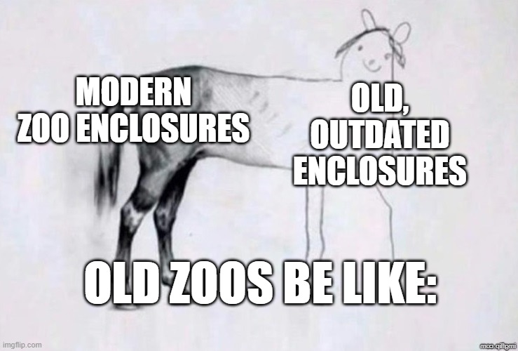 Old Zoos be like: | MODERN ZOO ENCLOSURES; OLD, OUTDATED ENCLOSURES; OLD ZOOS BE LIKE: | image tagged in horse drawing | made w/ Imgflip meme maker