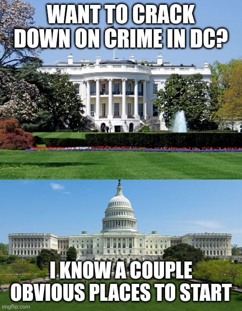 WANT TO CRACK DOWN ON CRIME IN DC? I KNOW A COUPLE OBVIOUS PLACES TO START | image tagged in white house,capitol hill | made w/ Imgflip meme maker