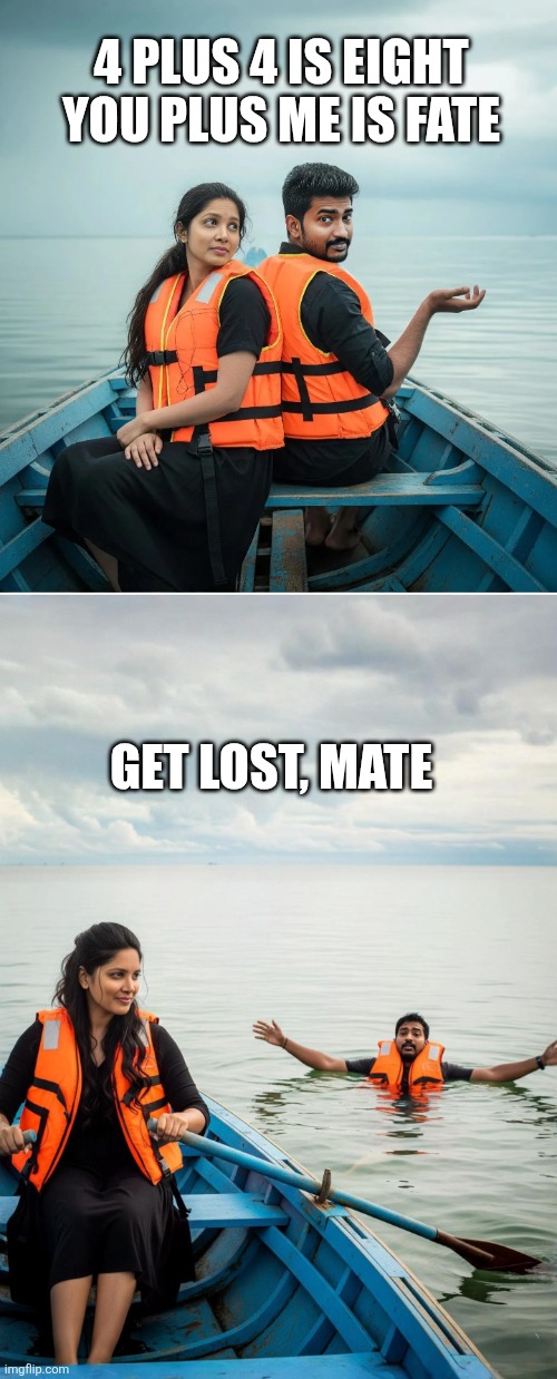 Couple meme | 4 PLUS 4 IS EIGHT
YOU PLUS ME IS FATE; GET LOST, MATE | image tagged in boat | made w/ Imgflip meme maker