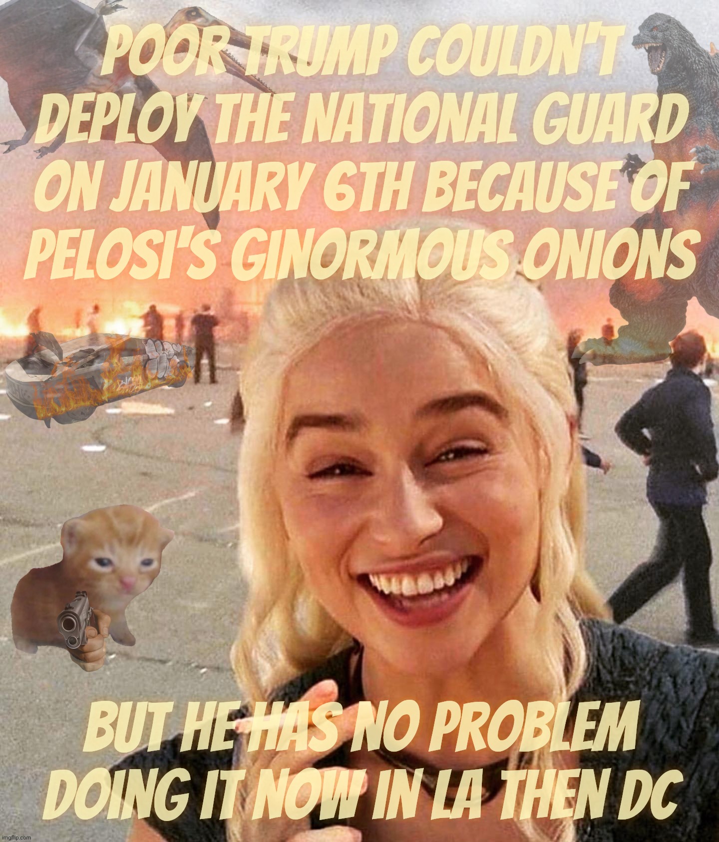 Trump couldn't deploy the National Guard on January 6th but suddenly he can do it now in DC and other cities coming | Poor Trump couldn't deploy the National guard on January 6th because of
pelosi's ginormous onions; But he has no problem
doing it now in LA then DC | image tagged in disaster smoker gal kitchen sink edition,january 6th,trump,no national guard,but here they come now,for dc | made w/ Imgflip meme maker