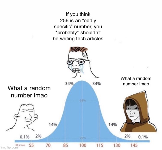 Bell Curve | If you think 256 is an “oddly specific” number, you *probably* shouldn’t be writing tech articles; What a random number lmao; What a random number lmao | image tagged in bell curve | made w/ Imgflip meme maker