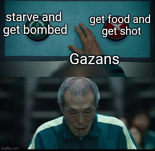 Squid Game Two Buttons | get food and 
get shot; starve and 
get bombed; Gazans | image tagged in squid game two buttons | made w/ Imgflip meme maker