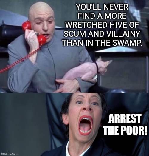 Dr Evil and Frau | YOU'LL NEVER FIND A MORE WRETCHED HIVE OF SCUM AND VILLAINY THAN IN THE SWAMP. ARREST THE POOR! | image tagged in dr evil and frau | made w/ Imgflip meme maker