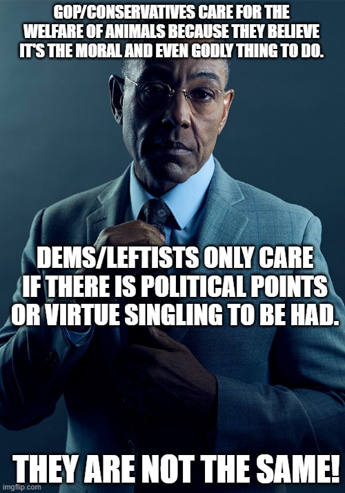 Gus Fring we are not the same | GOP/CONSERVATIVES CARE FOR THE WELFARE OF ANIMALS BECAUSE THEY BELIEVE IT'S THE MORAL AND EVEN GODLY THING TO DO. DEMS/LEFTISTS ONLY CARE IF | image tagged in gus fring we are not the same | made w/ Imgflip meme maker