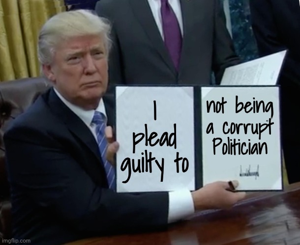 Trump Bill Signing Meme | I plead guilty to not being a corrupt Politician | image tagged in memes,trump bill signing | made w/ Imgflip meme maker
