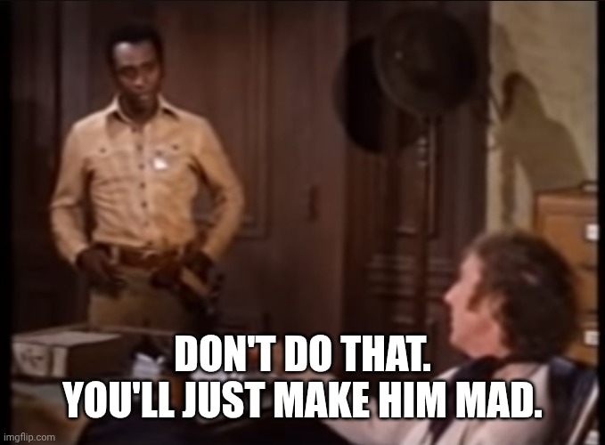 Don’t shoot him! You’ll just make him mad. | DON'T DO THAT. YOU'LL JUST MAKE HIM MAD. | image tagged in don t shoot him you ll just make him mad | made w/ Imgflip meme maker