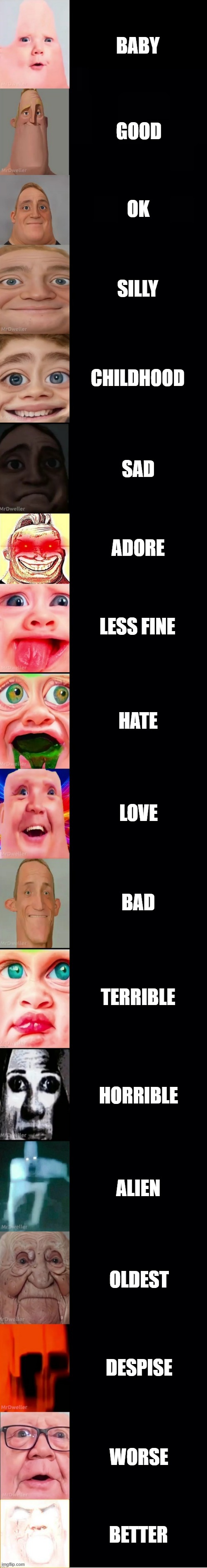 Mr Incredible becoming Loser (Opinions edition) | BABY; GOOD; OK; SILLY; CHILDHOOD; SAD; ADORE; LESS FINE; HATE; LOVE; BAD; TERRIBLE; HORRIBLE; ALIEN; OLDEST; DESPISE; WORSE; BETTER | image tagged in mrdweller fixed template v1 | made w/ Imgflip meme maker