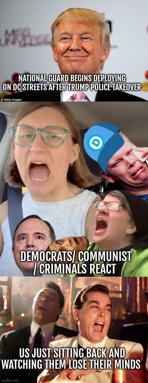 Washington dc  memes | NATIONAL GUARD BEGINS DEPLOYING ON DC STREETS AFTER TRUMP POLICE TAKEOVER; DEMOCRATS/ COMMUNIST / CRIMINALS REACT; US JUST SITTING BACK AND WATCHING THEM LOSE THEIR MINDS | image tagged in donald trump approves,unhinged liberal lunatic idiot woman meltdown screaming in car,memes,good fellas hilarious | made w/ Imgflip meme maker