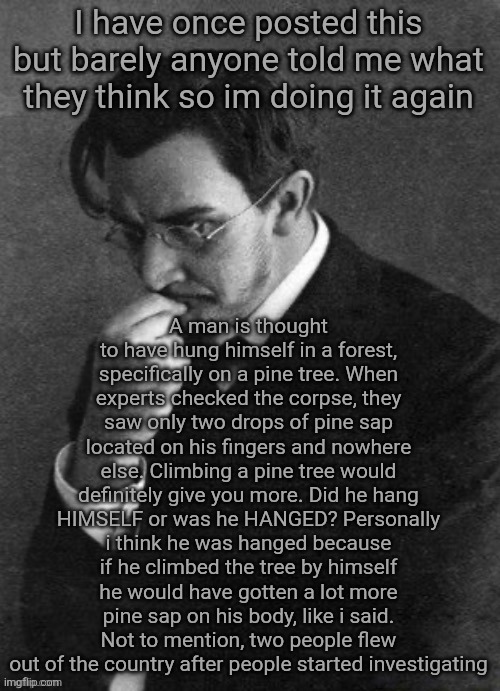 Sorry if the texting style is corny btw, i typed that like 5 months ago | I have once posted this but barely anyone told me what they think so im doing it again; A man is thought to have hung himself in a forest, specifically on a pine tree. When experts checked the corpse, they saw only two drops of pine sap located on his fingers and nowhere else. Climbing a pine tree would definitely give you more. Did he hang HIMSELF or was he HANGED? Personally i think he was hanged because if he climbed the tree by himself he would have gotten a lot more pine sap on his body, like i said. Not to mention, two people flew out of the country after people started investigating | image tagged in i karamazov | made w/ Imgflip meme maker