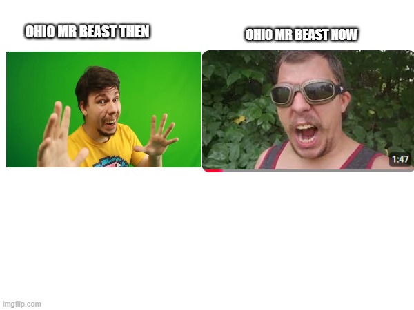 OHIO MR BEAST THEN; OHIO MR BEAST NOW | image tagged in mr beast,ohio | made w/ Imgflip meme maker